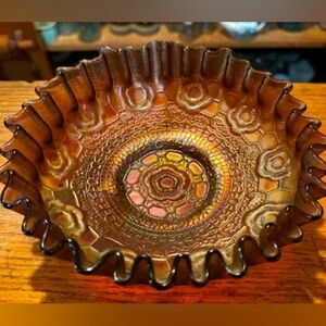 Vintage Fenton Captive Rose Amethyst Carnival Glass Bowl Candy Ribbon Edge 7.5”